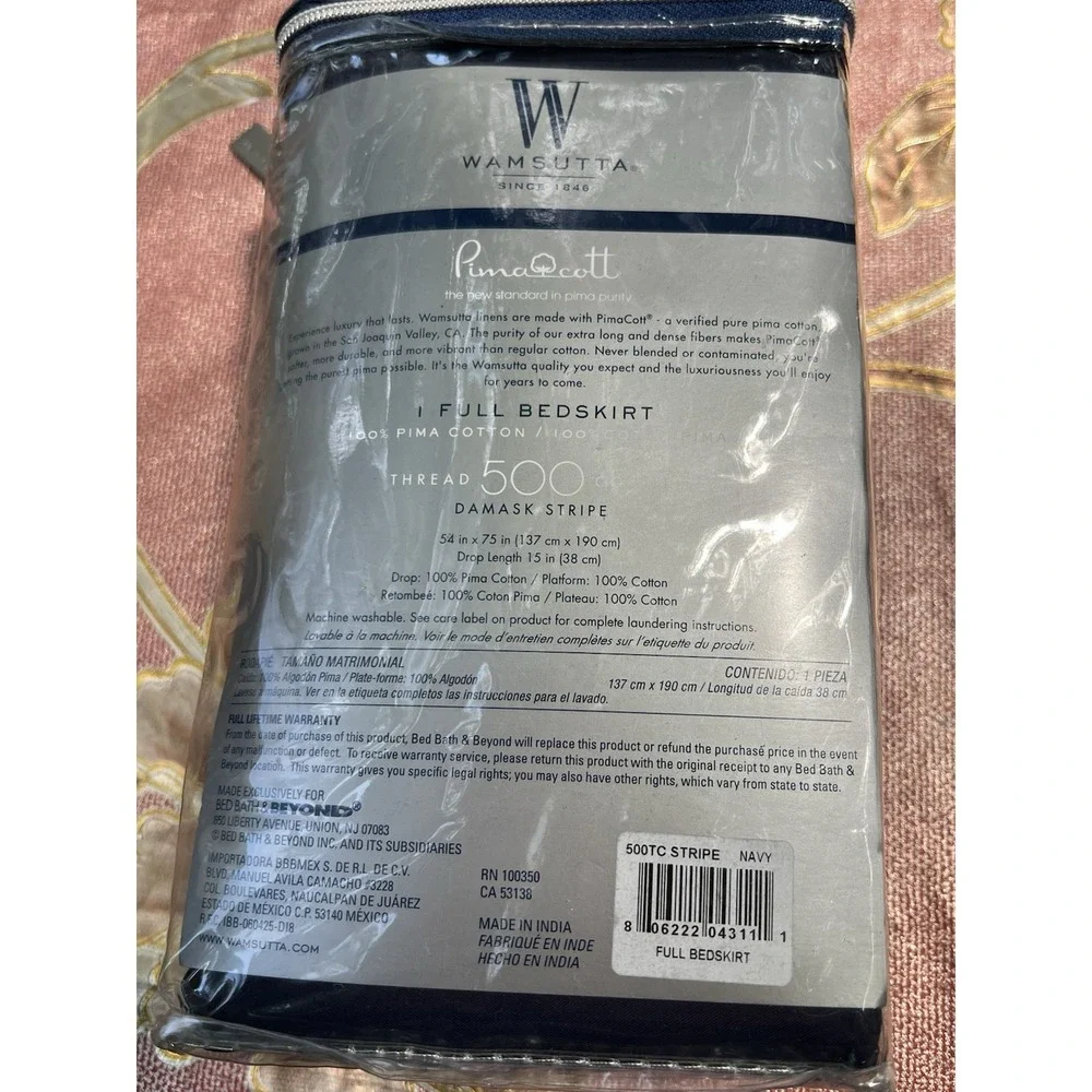 Wamsutta Pima Cotton Stripe Navy  Damask Stripe Full Bed Skirt 500 Thread Count